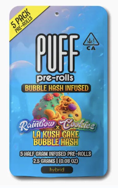 Puff- 5pk 0.5g (2.5g) Pre-Rolls- Rainbow Cookies X LA Kush Bubble Hash Infused