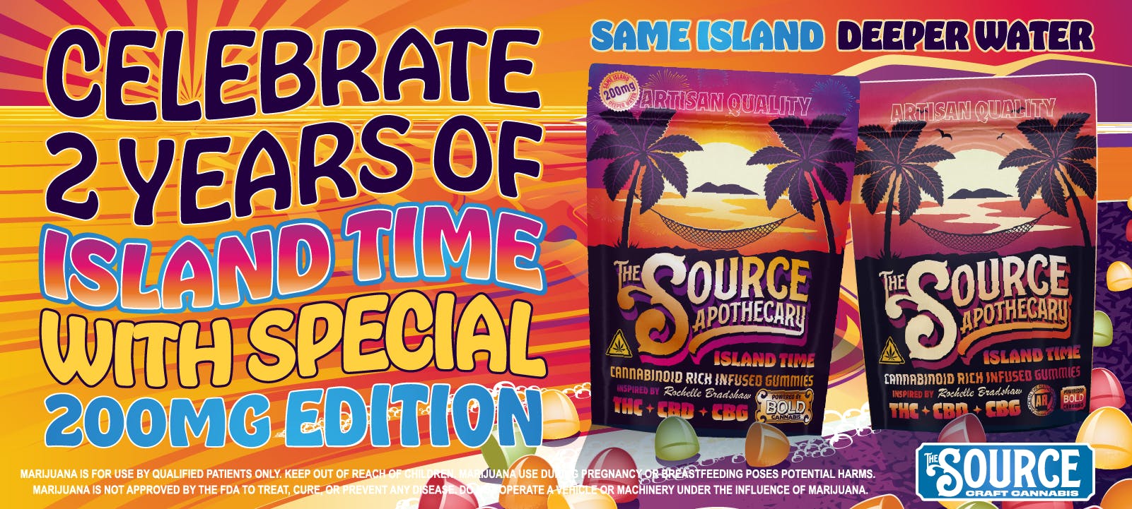 The Source Apothecary Island Time cannabinoid rich gummies celebrate 2 years with special 200mg edition, featuring tropical palm tree package design with THC, CBD, and CBG.