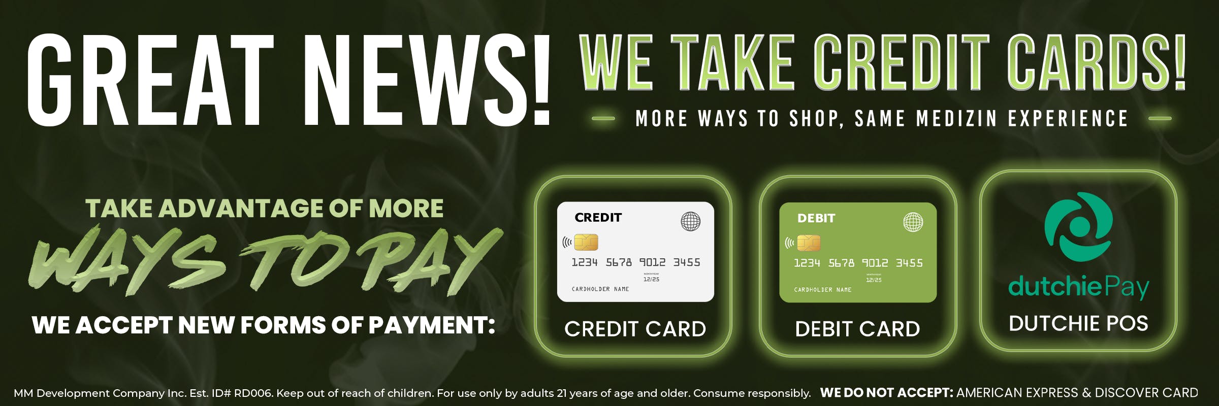 Great News! We take Credit cards. Take advantage of more ways to pay 