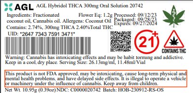 AGL Hybridol THCA 300mg Oral Solution 20742 10mL Affinity