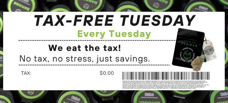 Tax-free Tuesday. 20% off your order Tuesdays only.