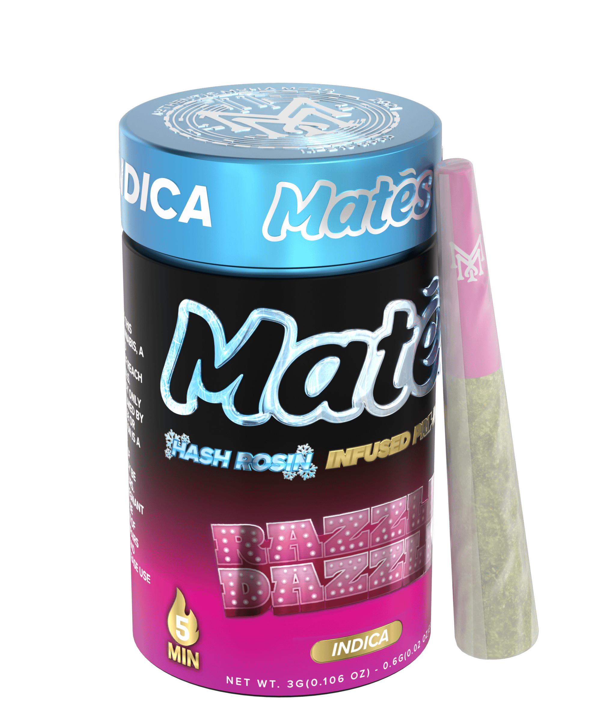 Product: Muha Mates | Razzle Dazzle | Hash Rosin Infused Pre-roll Pack | 0.6g x 5 (3g) | Indica