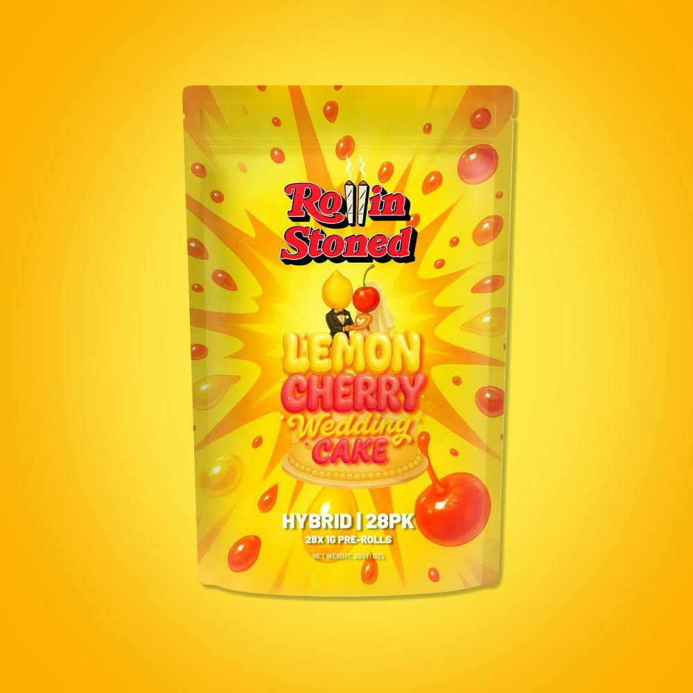 LEMON CHERRY WEDDING CAKE PRE-ROLL PACK 1G x 28 HYBRID by Rollin Stoned – Pre-Rolls at Gatsby Cannabis