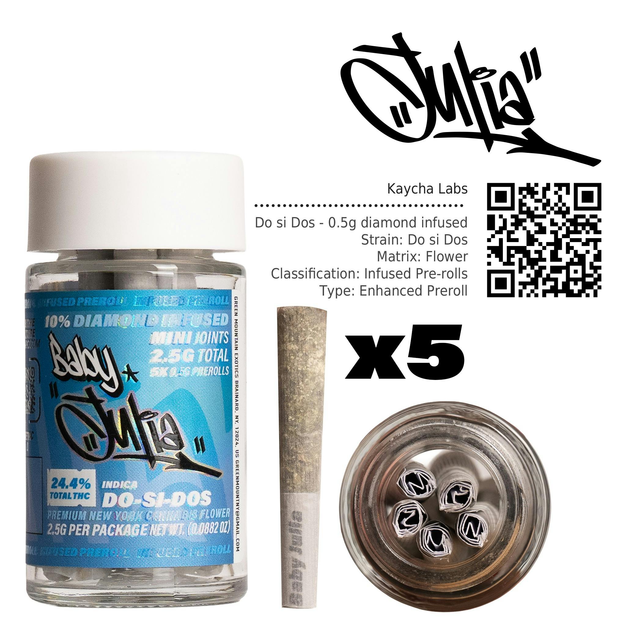 Julia | Baby Julia | Infused Prerolls | Diamond Infused | DO-Si-DOS | 0.5g | 5 Pack | 2.5g | Indica | THC 24.4% Julia