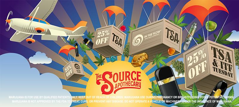 TSA Tuesday promotional banner for 25% off TSA products and In The Flow at The Source Dispensary & Apothecary in Rogers, Arkansas, featuring an airplane dropping parachuted wooden crates labeled TSA across a sunny blue sky.