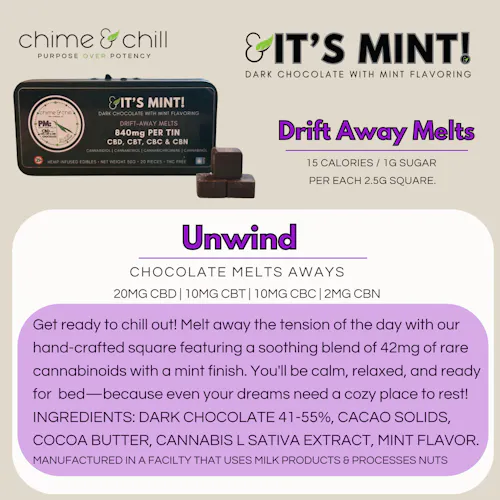 Chime & Chill | Chocolate – Mint Drift Away | CBD:CBC:CBT:CBN | THC Free | 20 pcs |-2