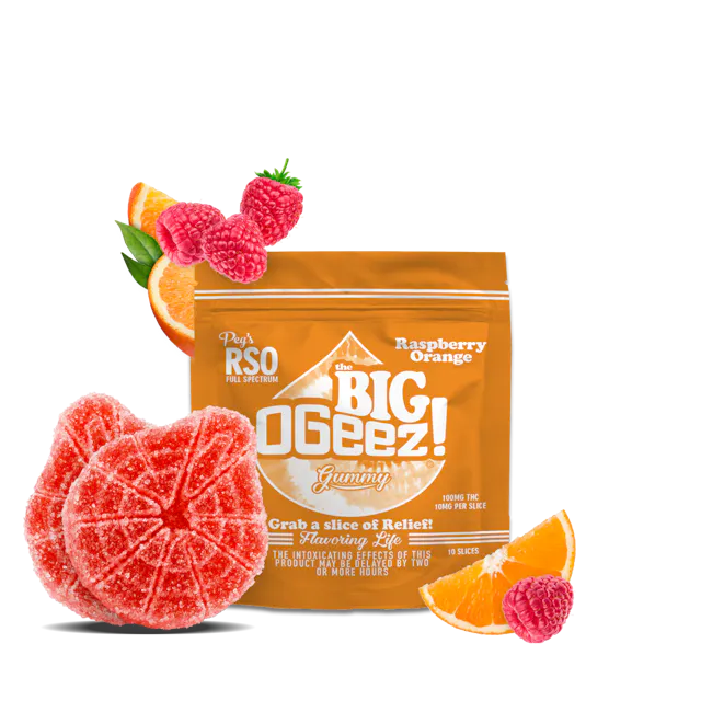 OGeez! BIG Gummy Peg's Raspberry Orange RSO 100mg (indica hybrid, gummies, 2.8g)