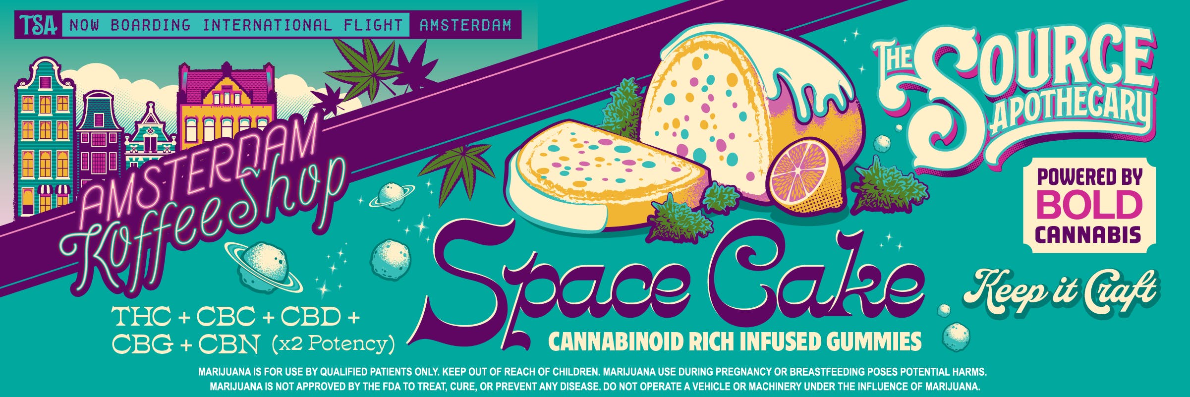Promotional banner for TSA's Amsterdam Koffeeshop Space Cake cannabinoid-rich infused gummies with THC, CBC, CBD, CBG, CBN,  and 2x potency - Powered by BOLD Cannabis. Funfetti cake with lemon and cannabis illustration on turquoise background. Text reads "TSA now boarding international flight to Amsterdam." Keep it Craft at The Source Apothecary in Rogers, Arkansas.