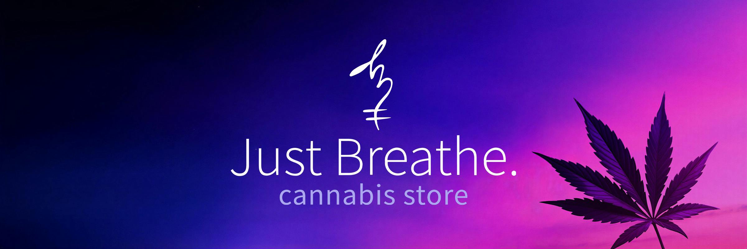 Just Breathe Banner. Cannabis leaf at pink-purple twilight with clouds and stars