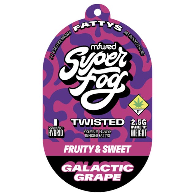 TYPE: Indica Dom. Hybrid TASTING NOTES: Fruity &amp; SweetR -- Orbit the Earth with Galactic Grape, the vape that offers an out-of-this-world, juicy grape flavor. It’s your sweet escape, like sipping your favorite grape drink while wearing a sweet space suit. Take your taste buds on a trip into the grape beyond! -- TWISTED FATTY is a premium full-flower pre-roll coated in kief and infused with melted THCa diamonds for enhanced potency. It also features all-natural terpenes, offering unique flavor profiles that are both fresh and familiar. -- Rolled and Crowned by Mfused: + Exclusively made with premium-grade flower grown by esteemed partner farms + Infused with melted THCa diamonds and all-natural terpenes to enhance flavor and aroma + Kief-coated cone for added potency + Dutch crowned for an even, consistent burn from start to finish + Zero harmful additives + 5-10 minute burn time expectancy
