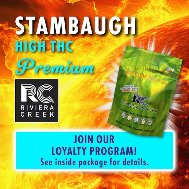 Stambaugh GC, one of Riviera Creek's Premium and Signature cultivars, is celebrated for its unparalleled quality and bold flavor profile. This powerful indica dominant, expertly cultivated strain is known for its rich, pungent aroma and savory flavor that leaves a lasting impression.

The scent profile opens with strong layers of garlic, followed by a pronounced diesel kick, creating a deep, earthy aroma that is both robust and invigorating. When consumed, Stambaugh GC's flavor is equally striking—complex and savory with undertones of spice, earth, and a lingering fuel-like intensity.

Named after the historic Stambaugh family in Youngstown, Ohio, this premium strain pays homage to local heritage while offering a sophisticated cannabis experience. Myrcene and Limonene are the primary terpenes driving the herbal and citrus notes, while secondary terpenes like Caryophyllene, Humulene, and β-Pinene add layers of spice, wood, and pine, making the profile well-rounded and memorable.

As one of Riviera Creek's finest offerings, Stambaugh GC incorporates additional cannabinoids like CBG, enhancing the depth and uniqueness of this premium cultivar, cementing its status as one of the most popular strains available in the market