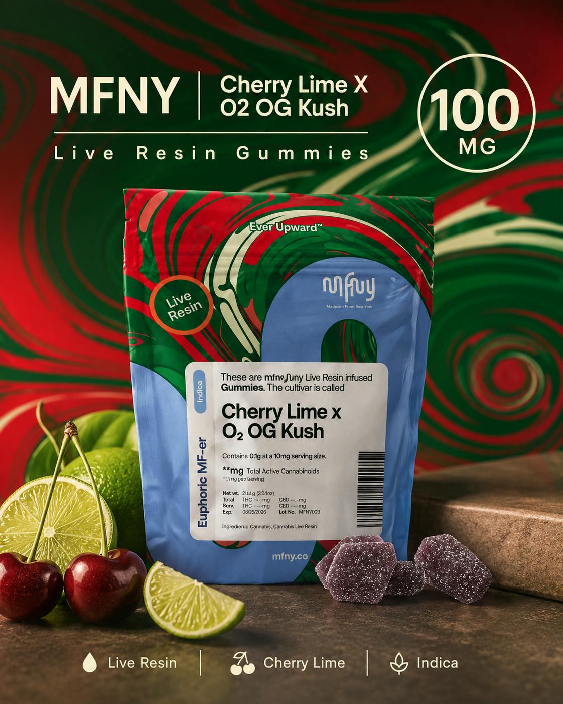 Product MFNY | Cherry Lime x O2 OG Kush | Live Resin Gummies | 10ct | 100mg
