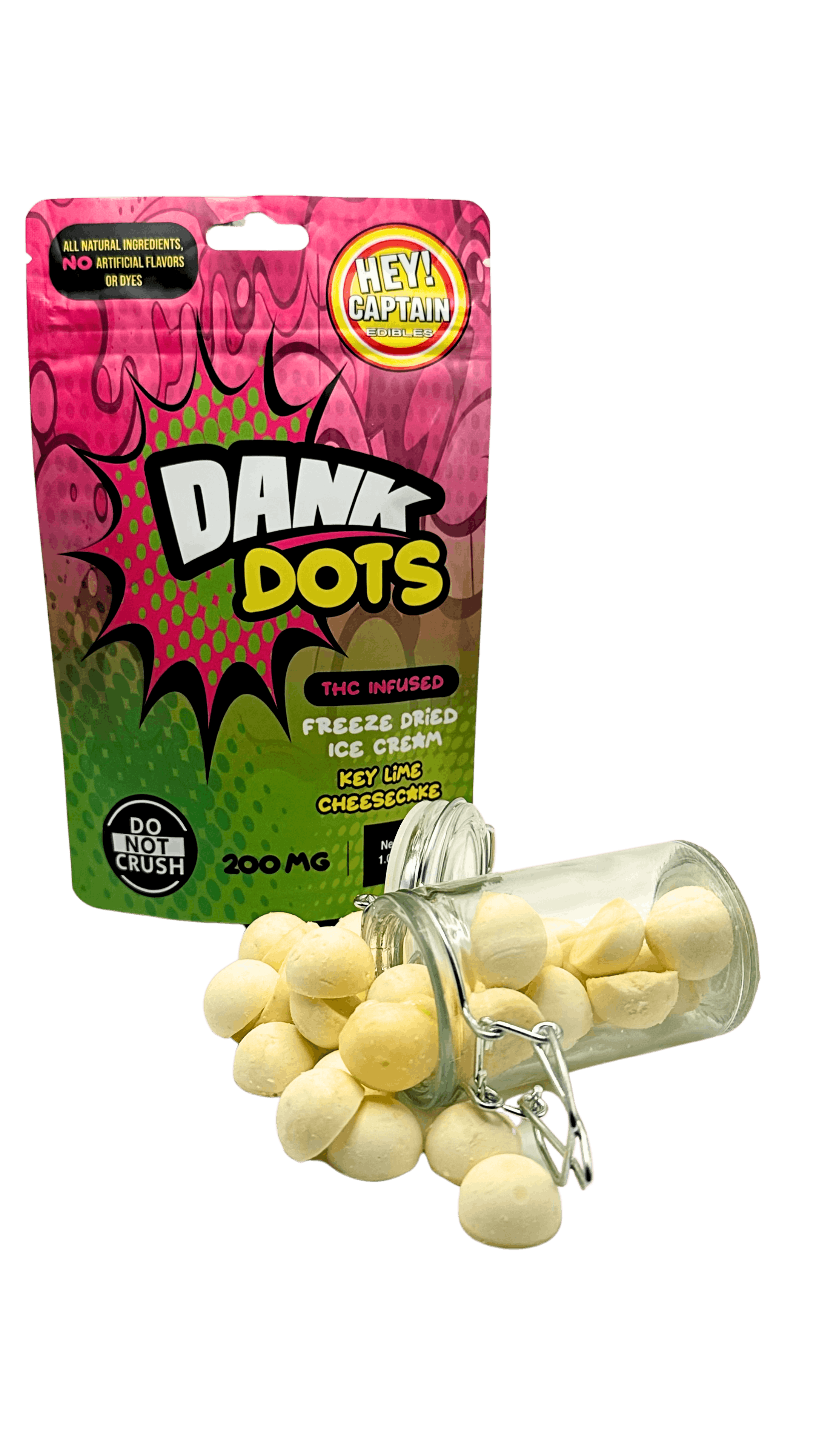 Product: Hey Captain | Key Lime Cheesecake Dank Dots | Infused Freeze Dried Ice Cream | 200mg | Hybrid