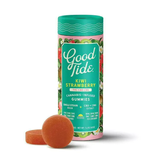 Good Tide Hash Rosin Gummies Kiwi Strawberry (H) 1 THC : 1 CBD : 1 CBG 10pk/100mg (hybrid, live rosin gummies, 2.8g)