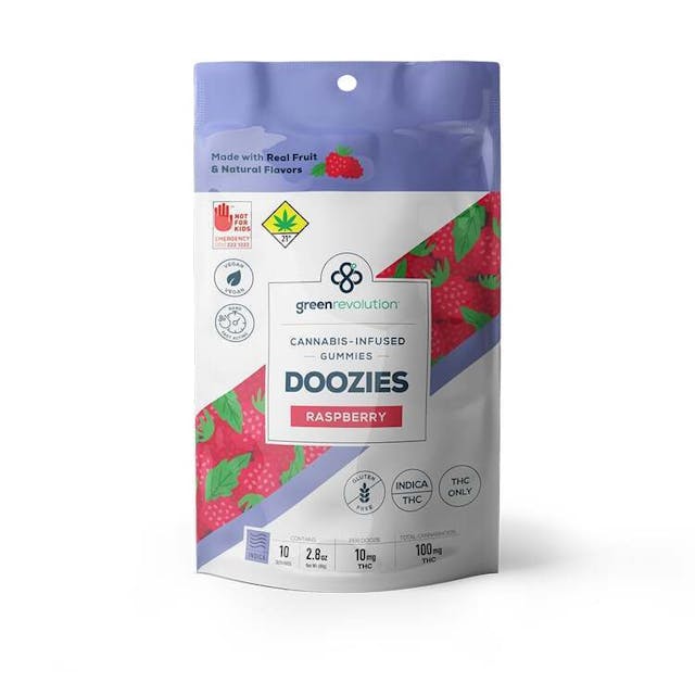 Show your taste buds some kindness with a sweet, red Raspberry Doozie! Formulated with 100mg THC per bag and 10mg THC gummies per Doozie in an Indica cannabis-terpene profile. Perfect for movie night!