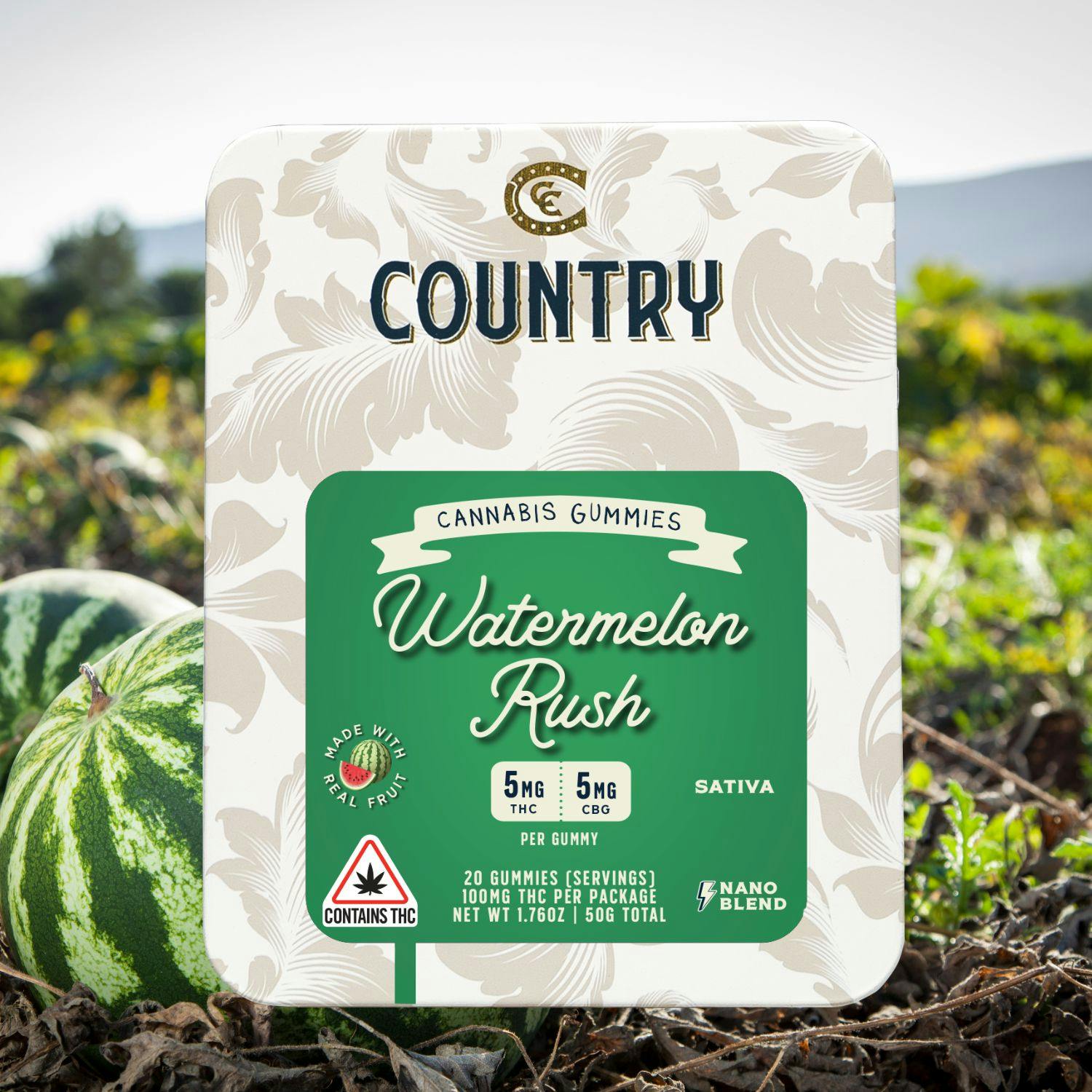 Product: Country | Watermelon Rush | Fast-Acting Nano Gummies - 100mg THC, 100mg CBG