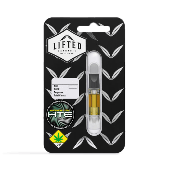 Lifted HTE Cartridges are produced In-House with Distillate infused with 100% Cannabis Derived High Terpene Extract (HTE). The Infused Material is paired with Lead-Free Cartridge bodies to provide the consumer with a smooth, tasty and discreet way to get Lifted.
