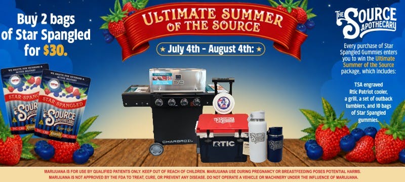 A starry night banner for The Source Dispensary and Apothecary announces "Buy 2 bags of Star Spangled for $30" alongside the "Ultimate Summer of the Source" giveaway, running July 4th through August 4th, and displays a grill, RTIC cooler, tumblers, frisbee, and two Star Spangled gummy pouches arranged on a wooden picnic table.