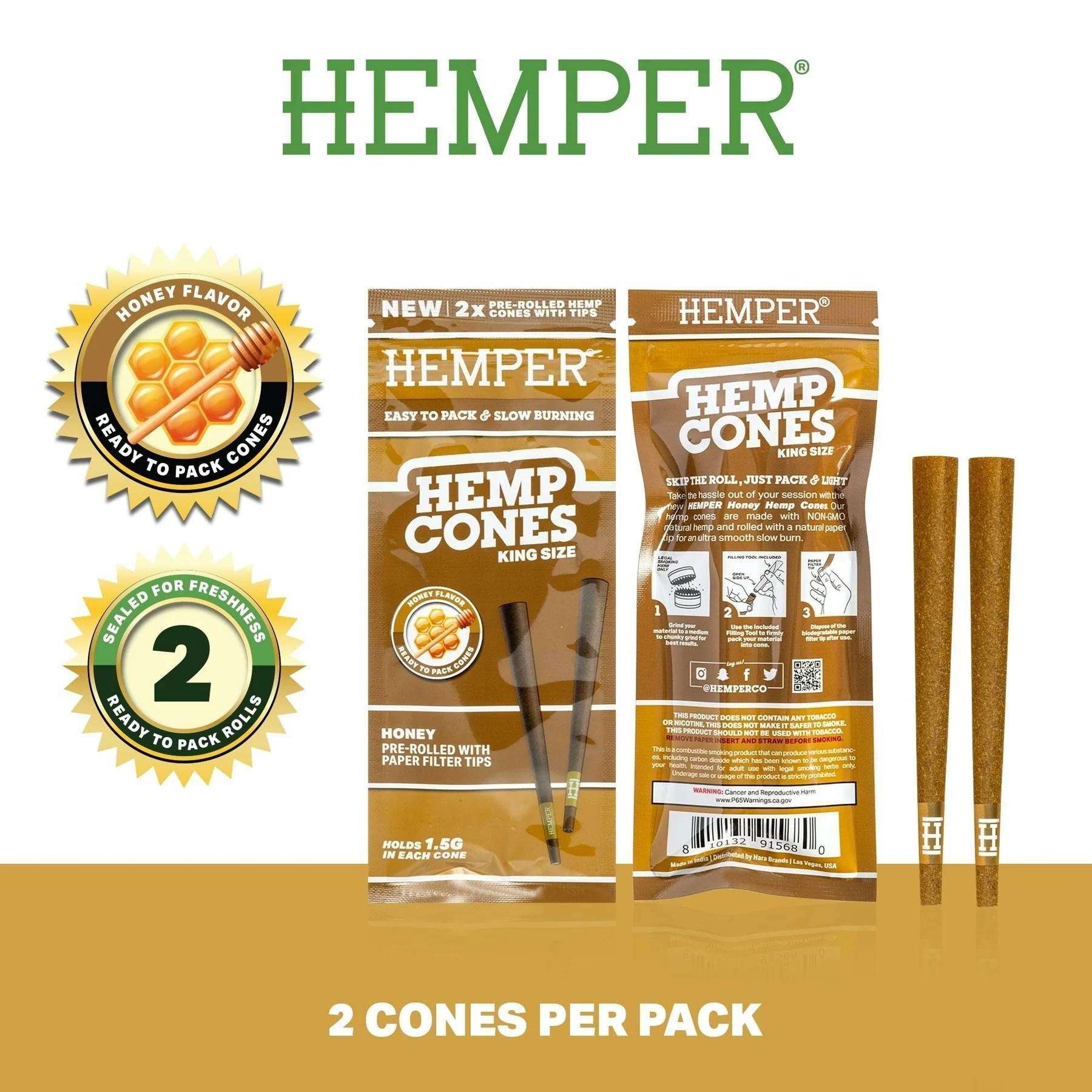 Hemper | Honey | 109mm King Size Hemp Cone + Glass Tip | 2Pack