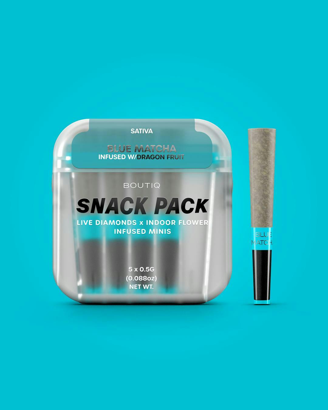 Boutiq Snack Pack | Blue Matcha x Dragon Fruit | Sativa (5 x .05g) | Diamond Infused Prerolls